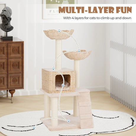 122cm Cattail Cat Tower with Sisal Scratching Posts Perch Condo-Beige