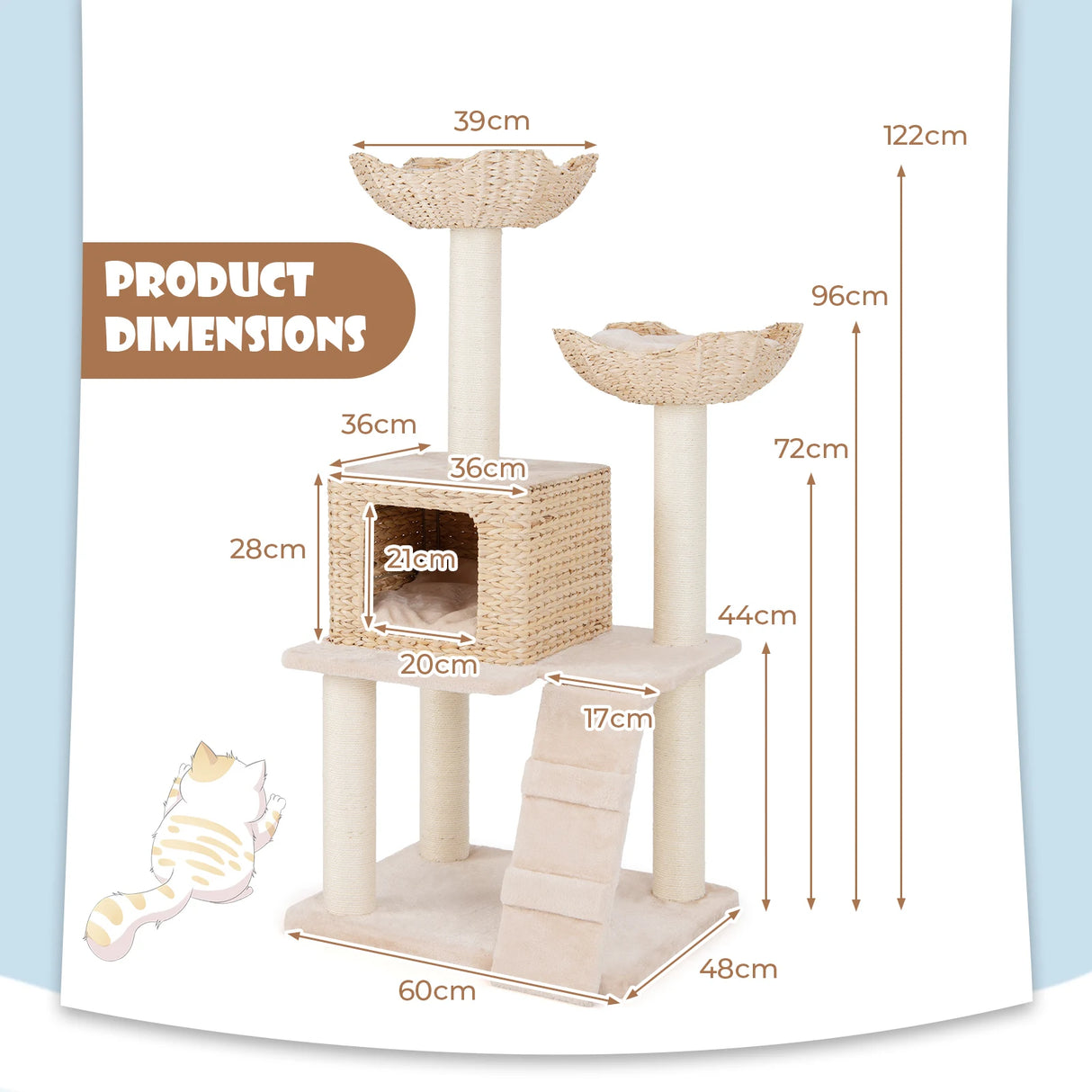 122cm Cattail Cat Tower with Sisal Scratching Posts Perch Condo-Beige