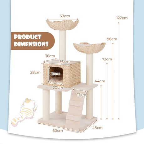 122cm Cattail Cat Tower with Sisal Scratching Posts Perch Condo-Beige