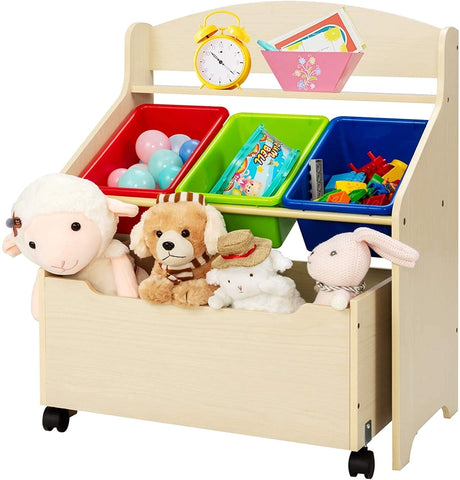 Kids Wooden Toy Storage Unit Organizer with Rolling Toy Box and Plastic Bins-Natural