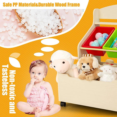 Kids Wooden Toy Storage Unit Organizer with Rolling Toy Box and Plastic Bins-Natural