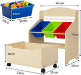 Kids Wooden Toy Storage Unit Organizer with Rolling Toy Box and Plastic Bins-Natural