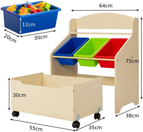 Kids Wooden Toy Storage Unit Organizer with Rolling Toy Box and Plastic Bins-Natural