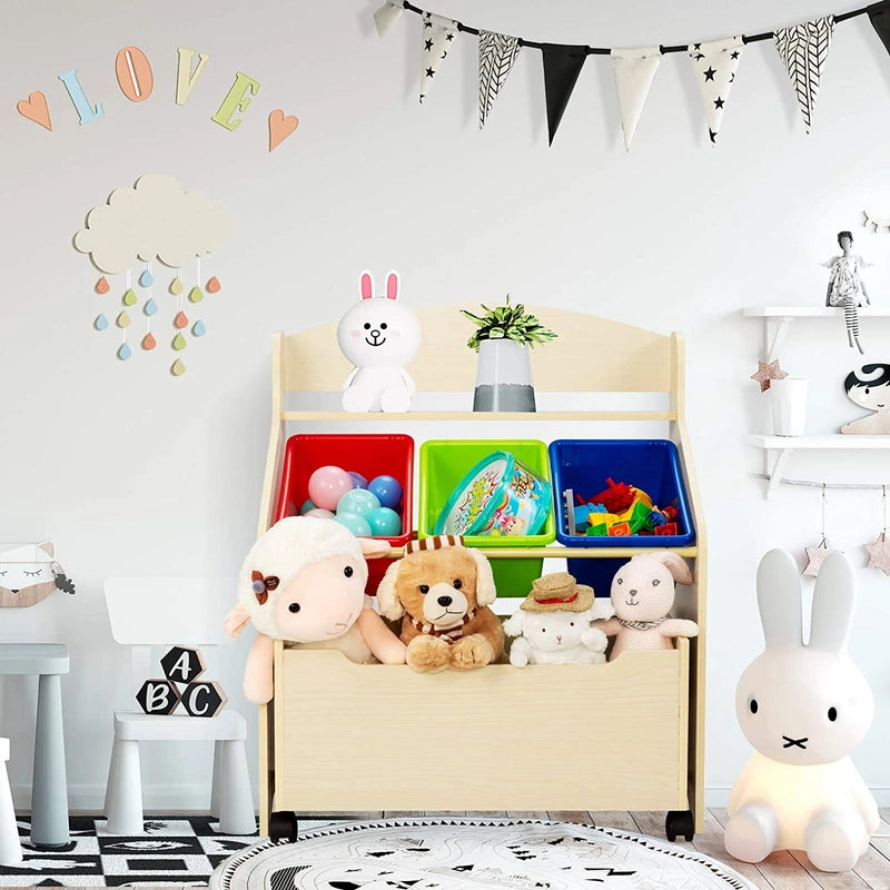 Kids Wooden Toy Storage Unit Organizer with Rolling Toy Box and Plastic Bins-Natural