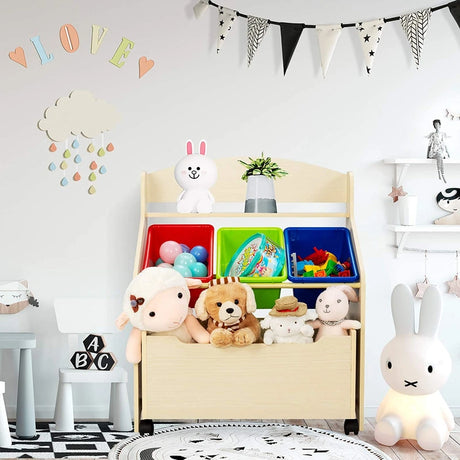 Kids Wooden Toy Storage Unit Organizer with Rolling Toy Box and Plastic Bins-Natural