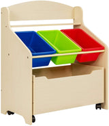 Kids Wooden Toy Storage Unit Organizer with Rolling Toy Box and Plastic Bins-Natural