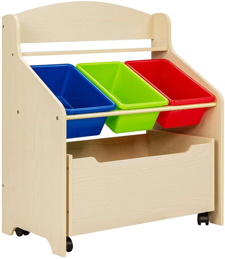 Kids Wooden Toy Storage Unit Organizer with Rolling Toy Box and Plastic Bins-Natural
