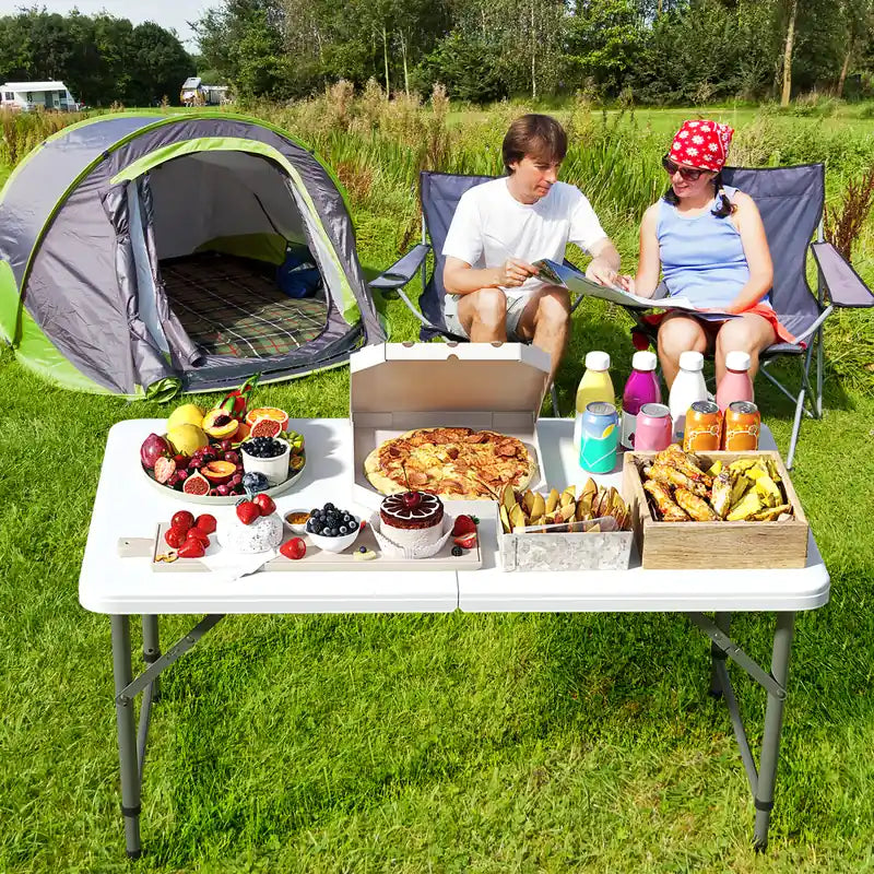 122cm Portable Camping Adjustable Fold-in-Half Table with HDPE Tabletop-White