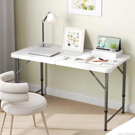 122cm Portable Camping Adjustable Fold-in-Half Table with HDPE Tabletop-White