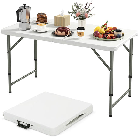 122cm Portable Camping Adjustable Fold-in-Half Table with HDPE Tabletop-White