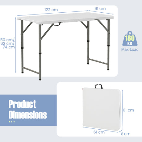 122cm Portable Camping Adjustable Fold-in-Half Table with HDPE Tabletop-White