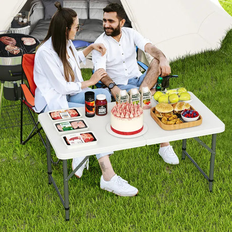 122cm Portable Camping Adjustable Fold-in-Half Table with HDPE Tabletop-White
