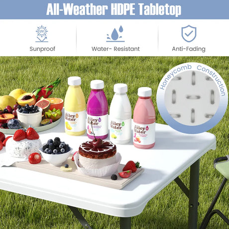 122cm Portable Camping Adjustable Fold-in-Half Table with HDPE Tabletop-White