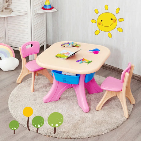3 Sets of Table and Chairs with Detachable Storage Boxes Design for Kids Pink