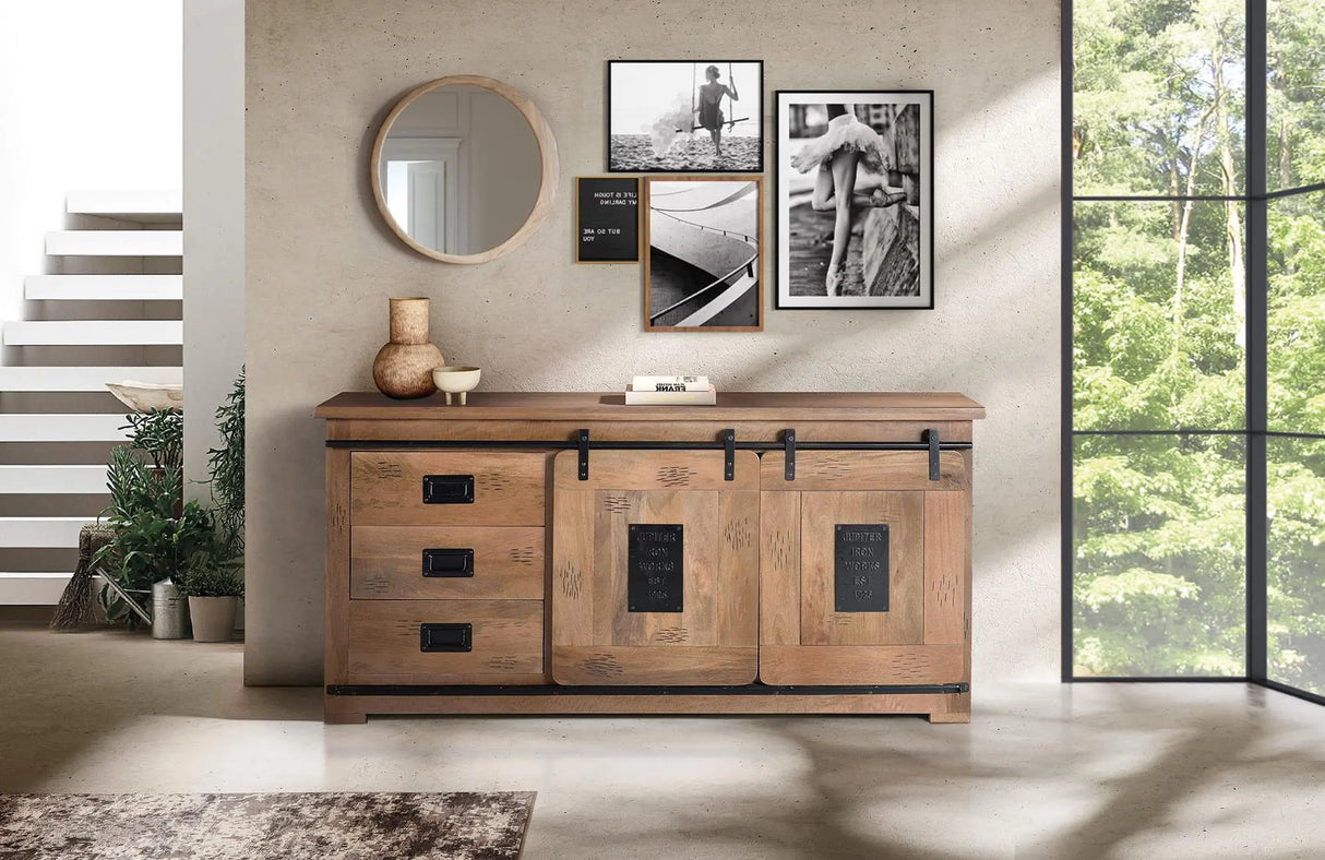 Giner and Colomer - Mango Wood Sideboard With 2 Sliding Doors, 3 Drawers & Metal Accents