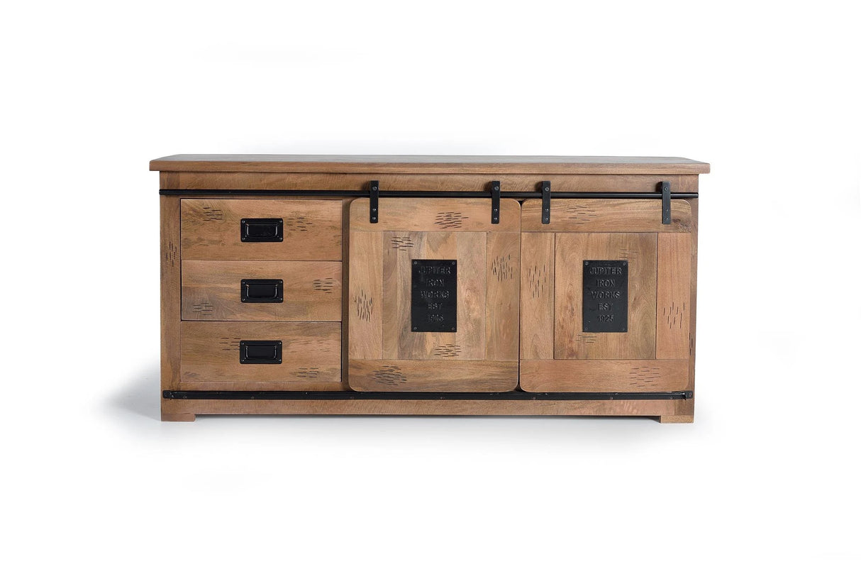 Giner and Colomer - Mango Wood Sideboard With 2 Sliding Doors, 3 Drawers & Metal Accents