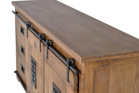 Giner and Colomer - Mango Wood Sideboard With 2 Sliding Doors, 3 Drawers & Metal Accents