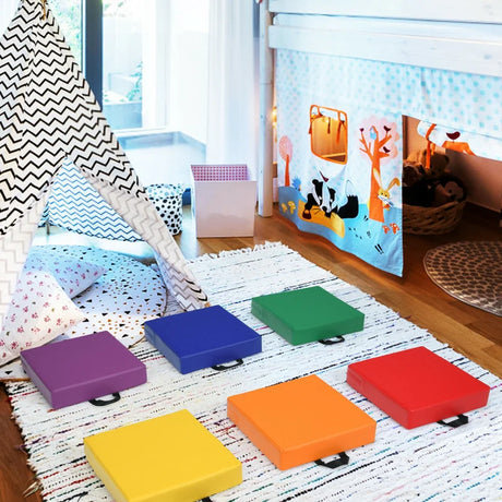 6 Piece 15 Inche Square Toddler Floor Cushions Flexible Soft Foam Seating with Handles-Color