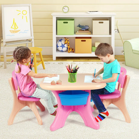 3 Sets of Table and Chairs with Detachable Storage Boxes Design for Kids Pink