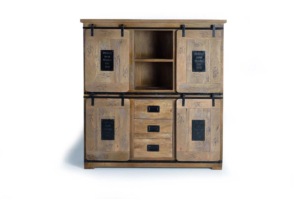 Giner and Colomer - Mango Wood & Metal Pantry With 4 Sliding Doors & 3 Drawers