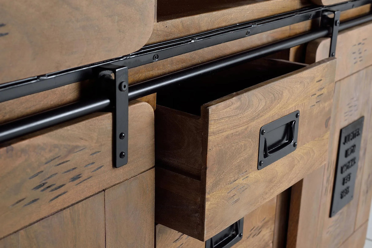 Giner and Colomer - Mango Wood & Metal Pantry With 4 Sliding Doors & 3 Drawers