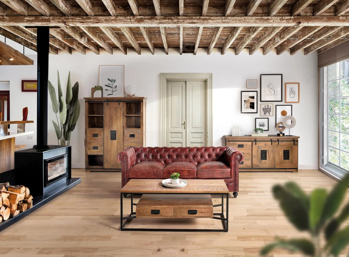 Giner and Colomer - Mango Wood & Metal Pantry With 4 Sliding Doors & 3 Drawers