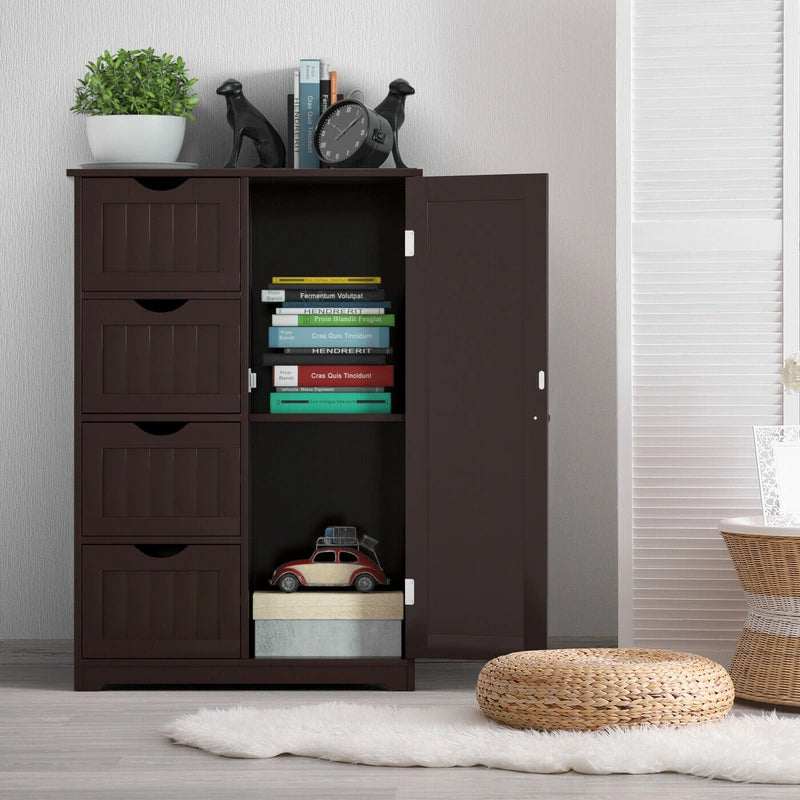 Freestanding Storage Cupboard with Adjustable Shelf and Drawers-Brown