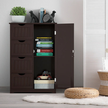 Freestanding Storage Cupboard with Adjustable Shelf and Drawers-Brown