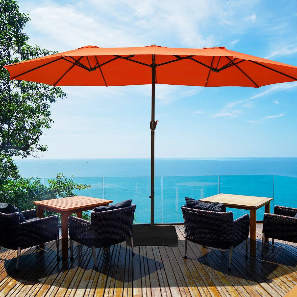15 Foot Extra Large Patio Double Sided Umbrella with Crank and Base-Orange