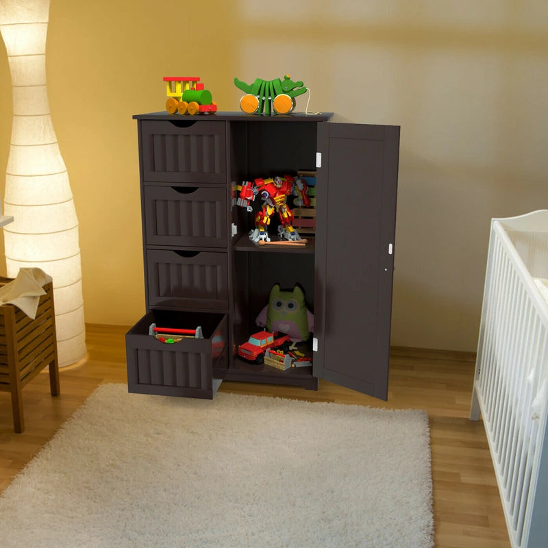 Freestanding Storage Cupboard with Adjustable Shelf and Drawers-Brown