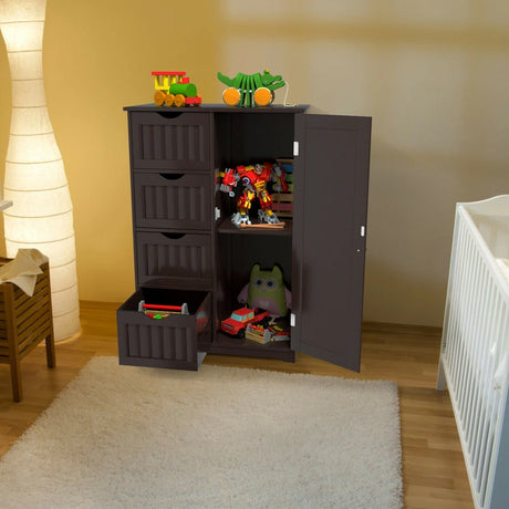 Freestanding Storage Cupboard with Adjustable Shelf and Drawers-Brown