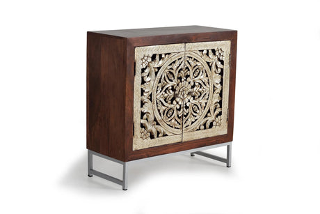 Giner and Colomer - 2-Door Mango Wood Sideboard With Hand-Carved Silver-Leaf Doors