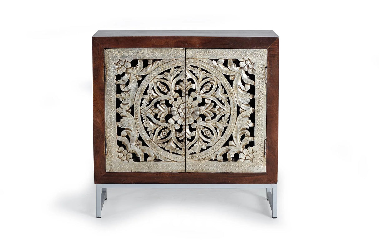 Giner and Colomer - 2-Door Mango Wood Sideboard With Hand-Carved Silver-Leaf Doors