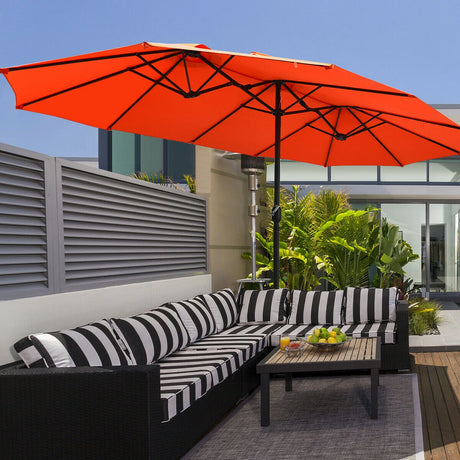 15 Foot Extra Large Patio Double Sided Umbrella with Crank and Base-Orange