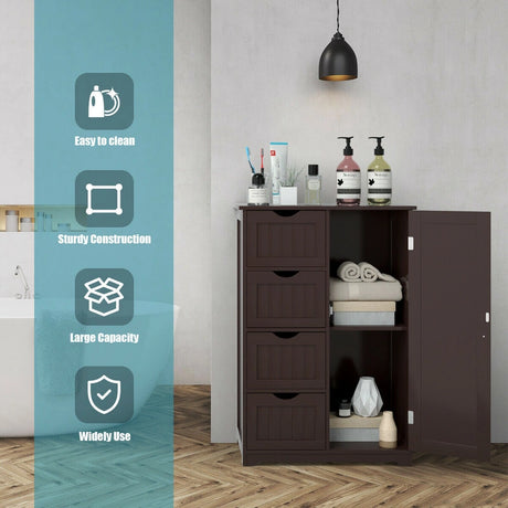 Freestanding Storage Cupboard with Adjustable Shelf and Drawers-Brown