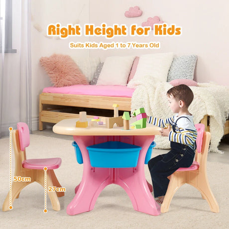 3 Sets of Table and Chairs with Detachable Storage Boxes Design for Kids Pink