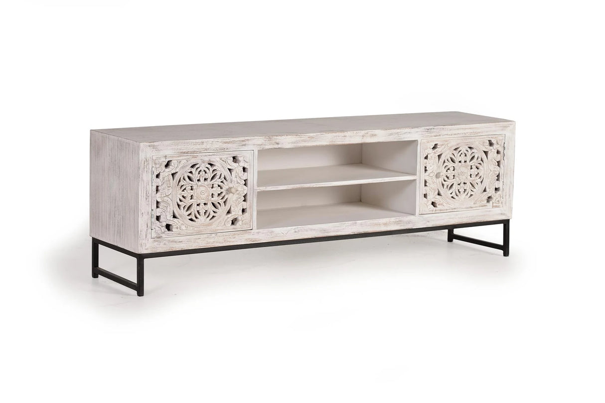 Giner and Colomer - 2-Door Mango Wood TV Cabinet With Hand-Carved Doors & Metal Base