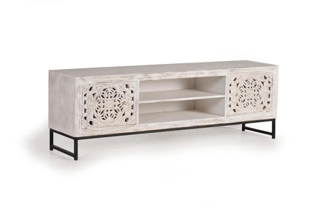 Giner and Colomer - 2-Door Mango Wood TV Cabinet With Hand-Carved Doors & Metal Base
