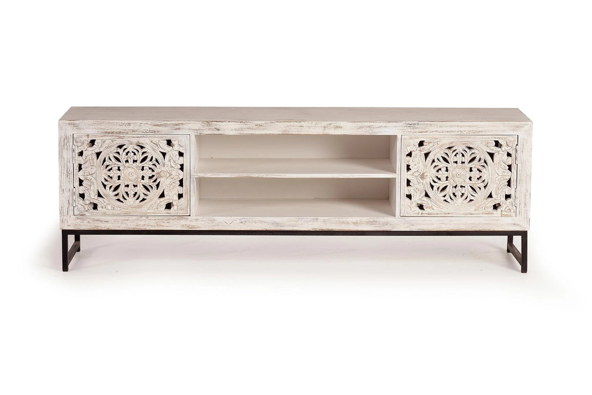 Giner and Colomer - 2-Door Mango Wood TV Cabinet With Hand-Carved Doors & Metal Base