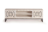 Giner and Colomer - 2-Door Mango Wood TV Cabinet With Hand-Carved Doors & Metal Base