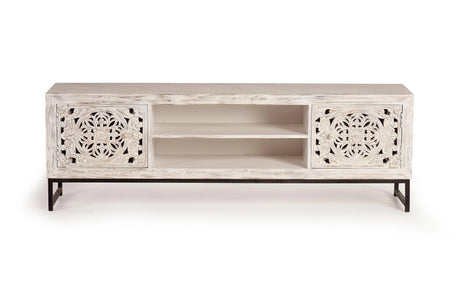 Giner and Colomer - 2-Door Mango Wood TV Cabinet With Hand-Carved Doors & Metal Base