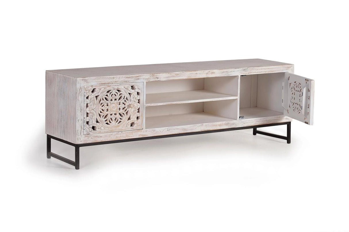 Giner and Colomer - 2-Door Mango Wood TV Cabinet With Hand-Carved Doors & Metal Base