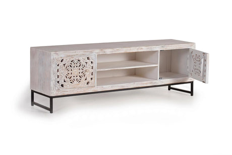 Giner and Colomer - 2-Door Mango Wood TV Cabinet With Hand-Carved Doors & Metal Base