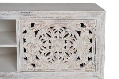 Giner and Colomer - 2-Door Mango Wood TV Cabinet With Hand-Carved Doors & Metal Base