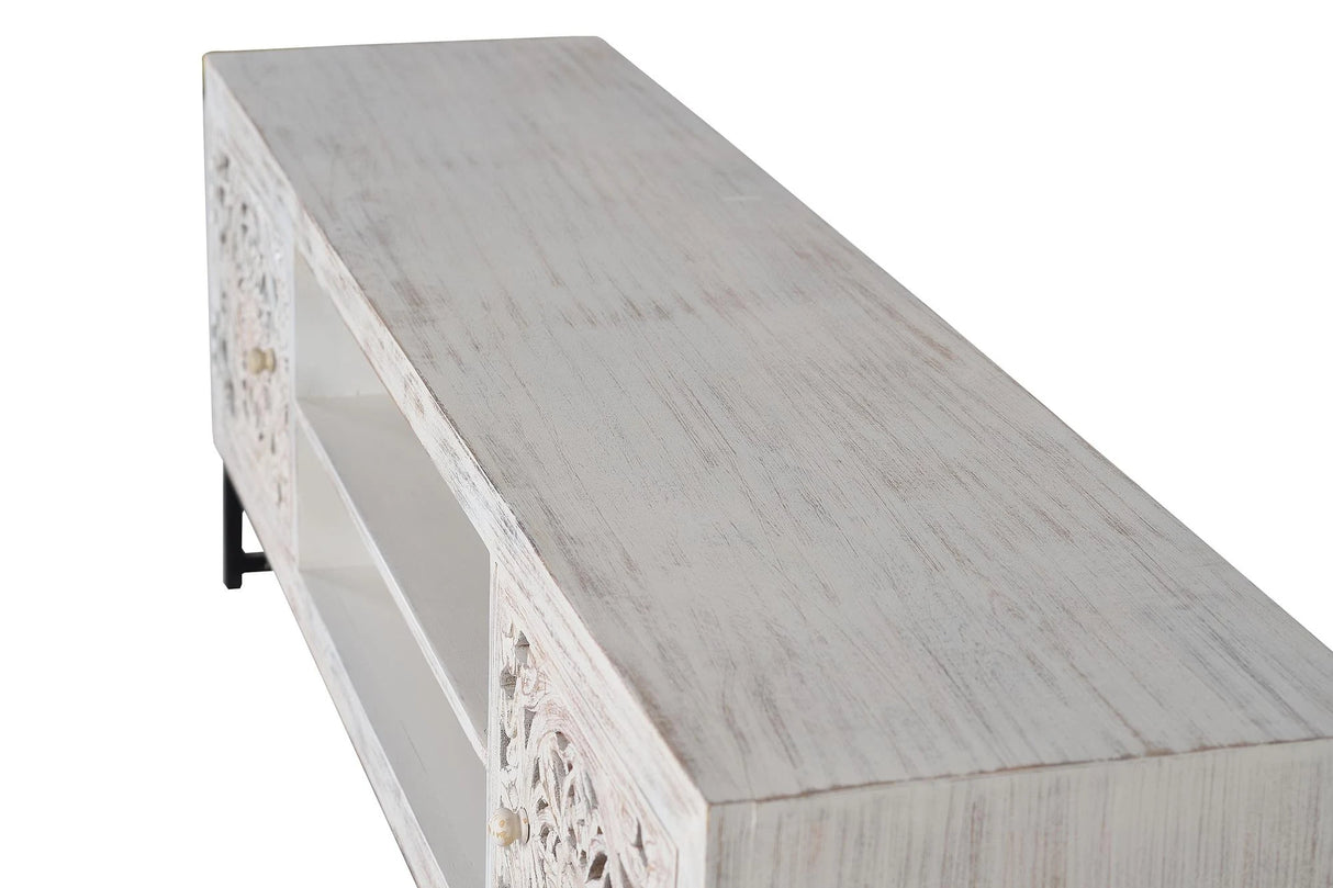 Giner and Colomer - 2-Door Mango Wood TV Cabinet With Hand-Carved Doors & Metal Base