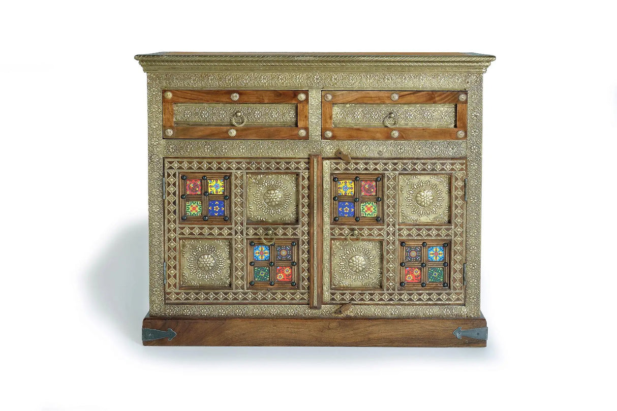 Giner and Colomer - Acacia Wood Chest With 2 Doors, 2 Drawers & Bronze/Ceramic Details