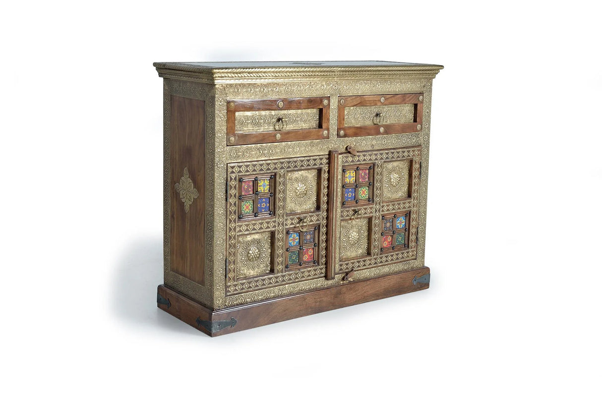 Giner and Colomer - Acacia Wood Chest With 2 Doors, 2 Drawers & Bronze/Ceramic Details