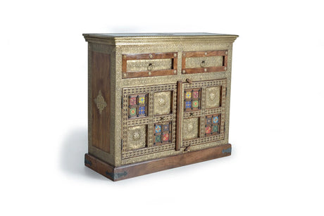 Giner and Colomer - Acacia Wood Chest With 2 Doors, 2 Drawers & Bronze/Ceramic Details