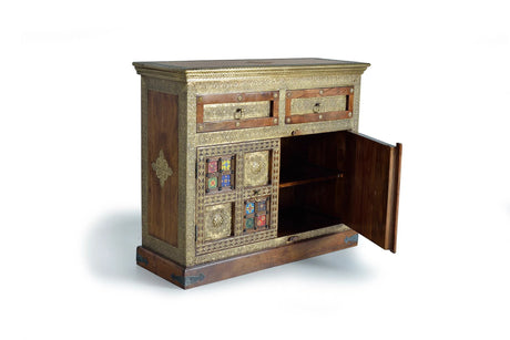 Giner and Colomer - Acacia Wood Chest With 2 Doors, 2 Drawers & Bronze/Ceramic Details