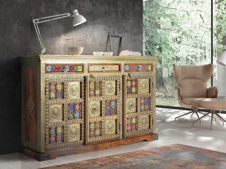 Giner and Colomer - 3-Door, 3-Drawer Acacia Wood Sideboard With Bronze & Ceramic Accents